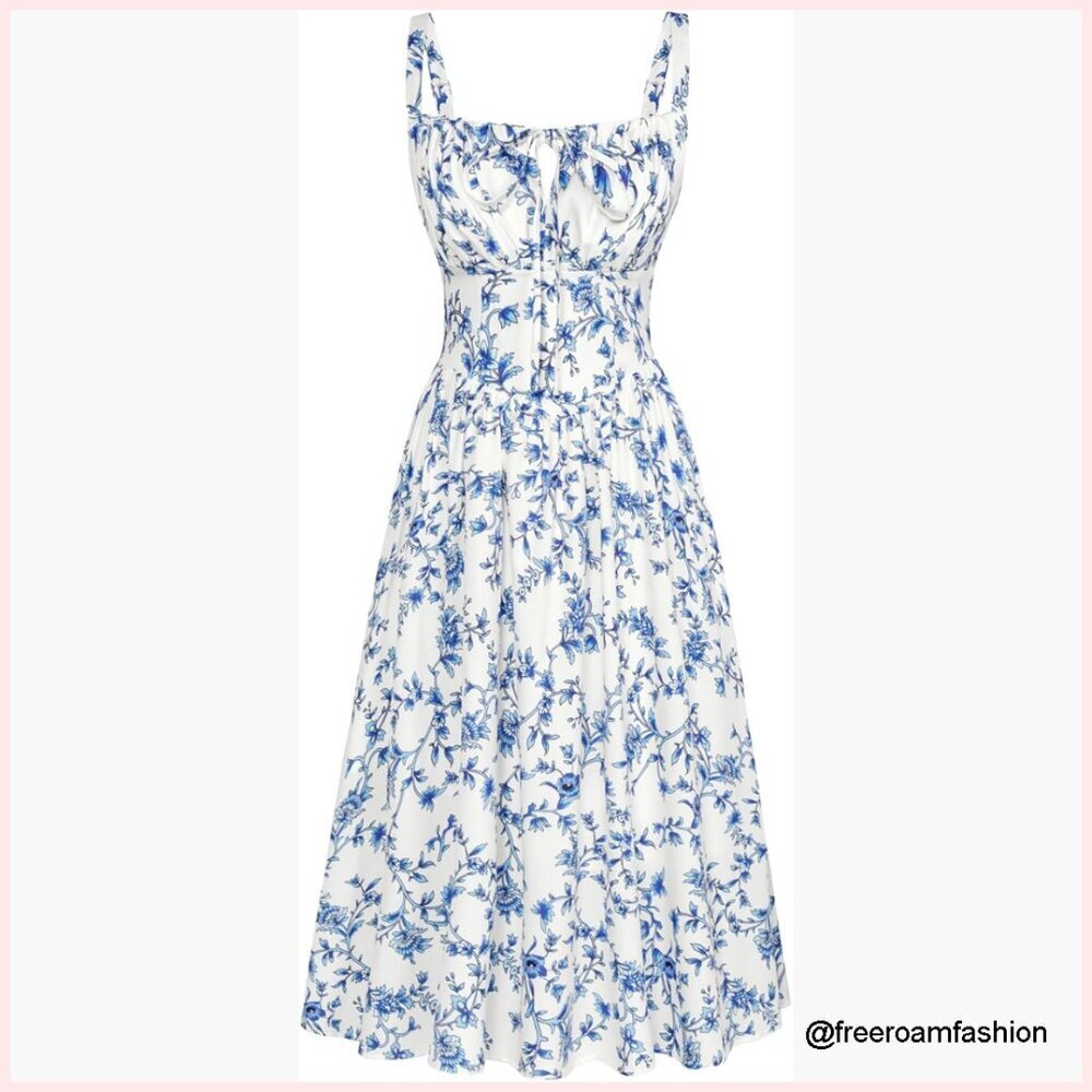 Floral Midi Dress with Corset Smocked Back Adjustable Straps